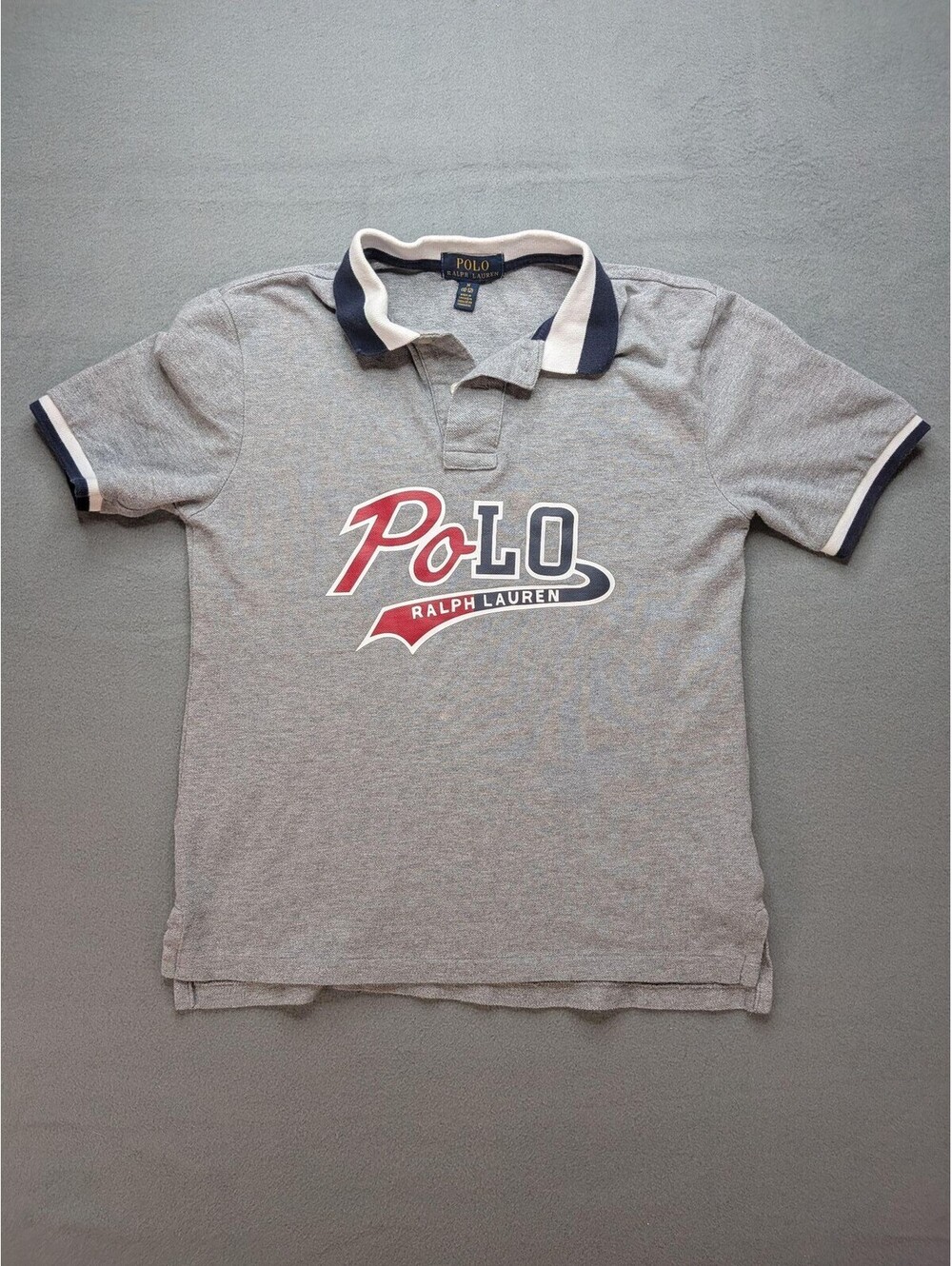 Polo Ralph Lauren Polo Shirt Boys 10-12 Gray Logo Contrast Collar Short Sleeve